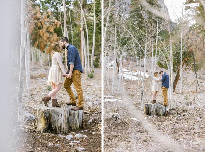 tree stump woodsy engagement session