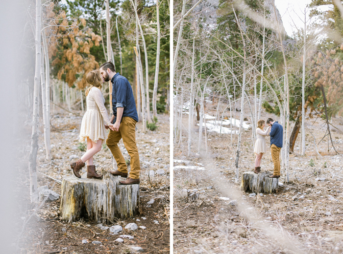 tree stump woodsy engagement session 