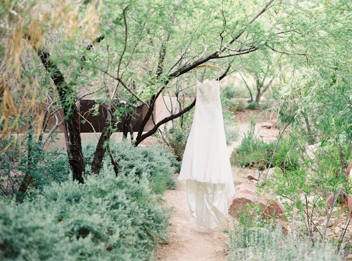 wedding dress hanging in the garden