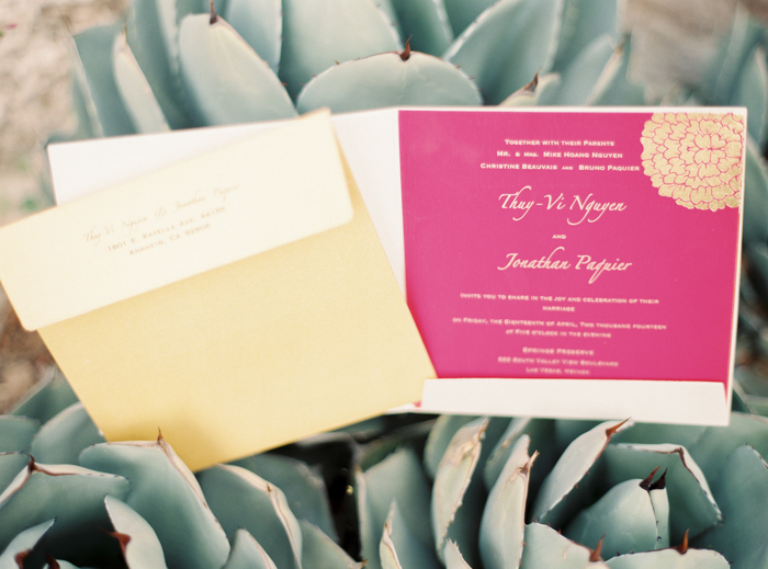 hot pink and gold vietnamese inspired wedding invitations