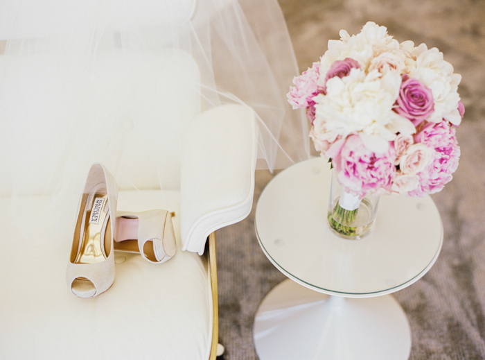 pink peonies and badgley mischka wedding shoes