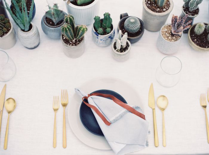 desert indigo inspired wedding tablescape with cactus 