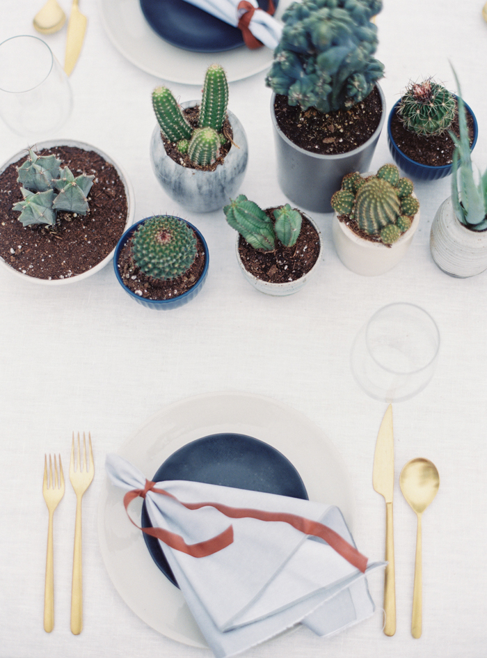 desert indigo inspired wedding tablescape with cactus 