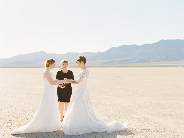 romantic eldorado dry lake bed elopement | las vegas elopement photographer| gaby j photography | same sex desert elopement inspiration | peachy keen unions