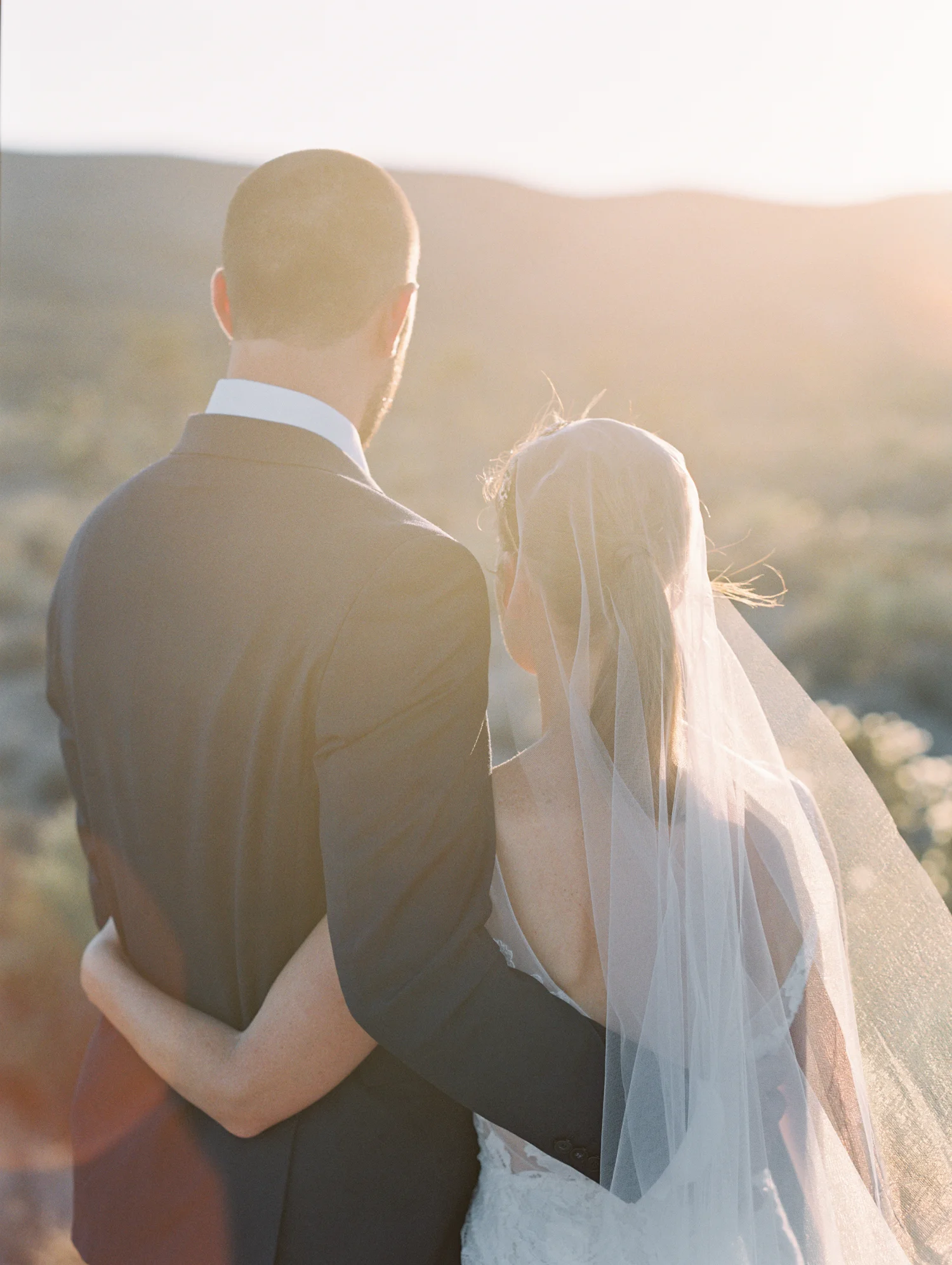 bride and groom watching desert sunset