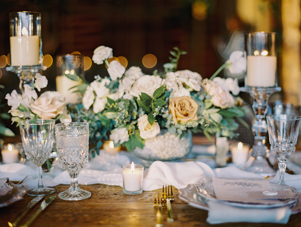 romantic wedding tablescape with luxurious neutral linen