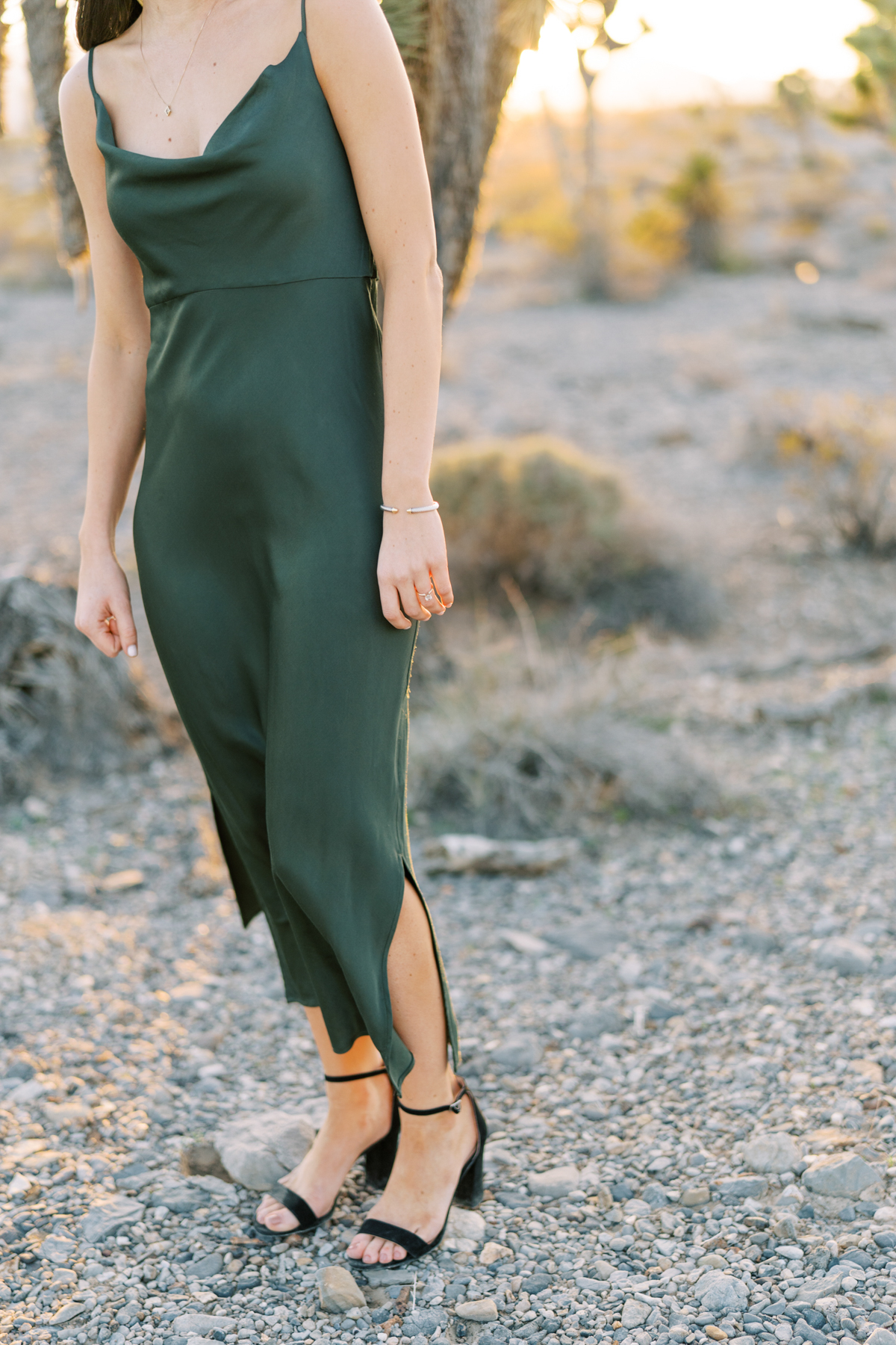 dark green dress engagement photo outfit
