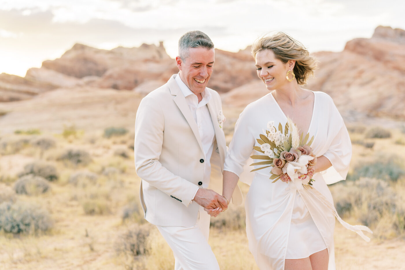 minimal and modern bride and groom wedding attire