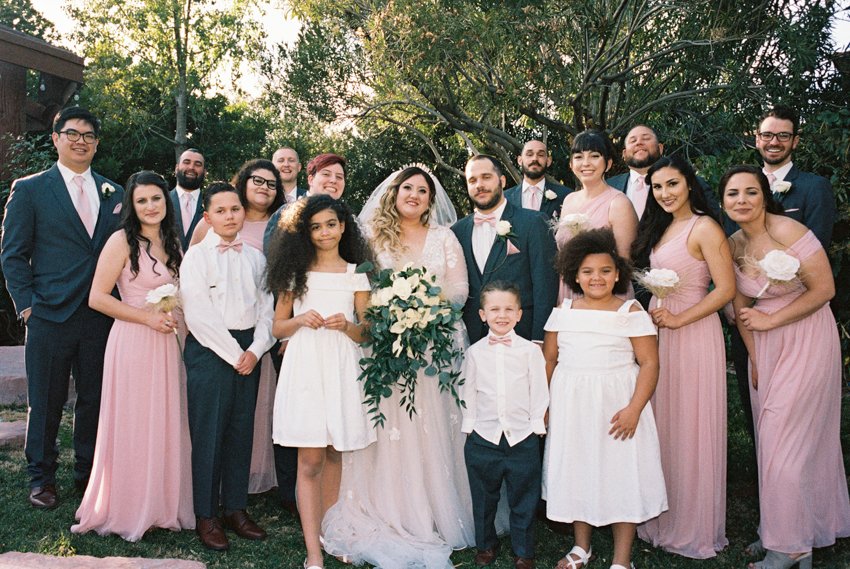 wedding party with pink and navy colors