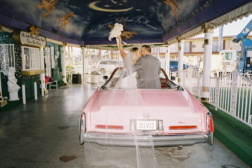 pink cadillac elopement little white wedding chapel