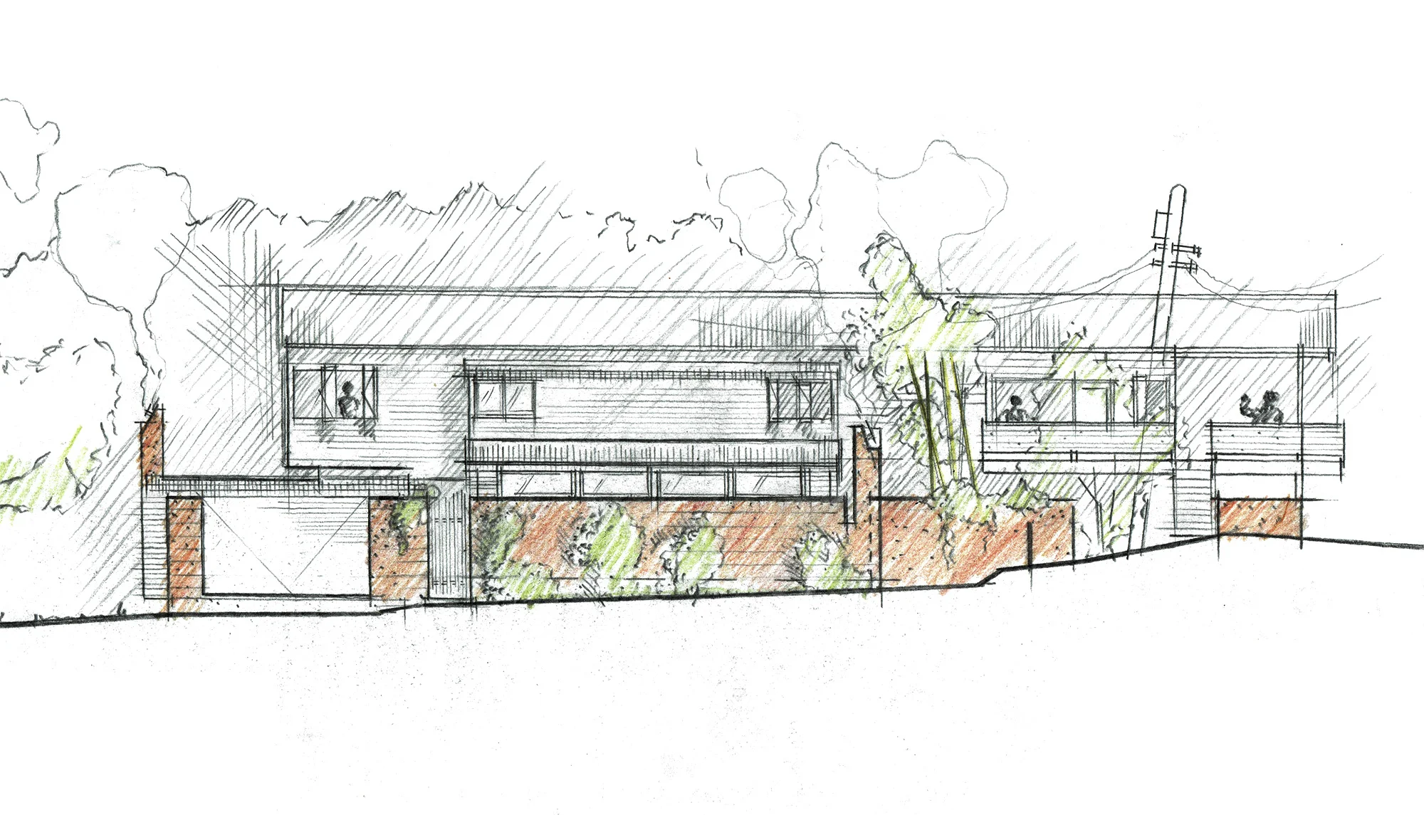 A hand-drawn architectural sketch of a modern residential building with multiple levels, large windows, balconies, and a landscaped garden with trees and shrubs.