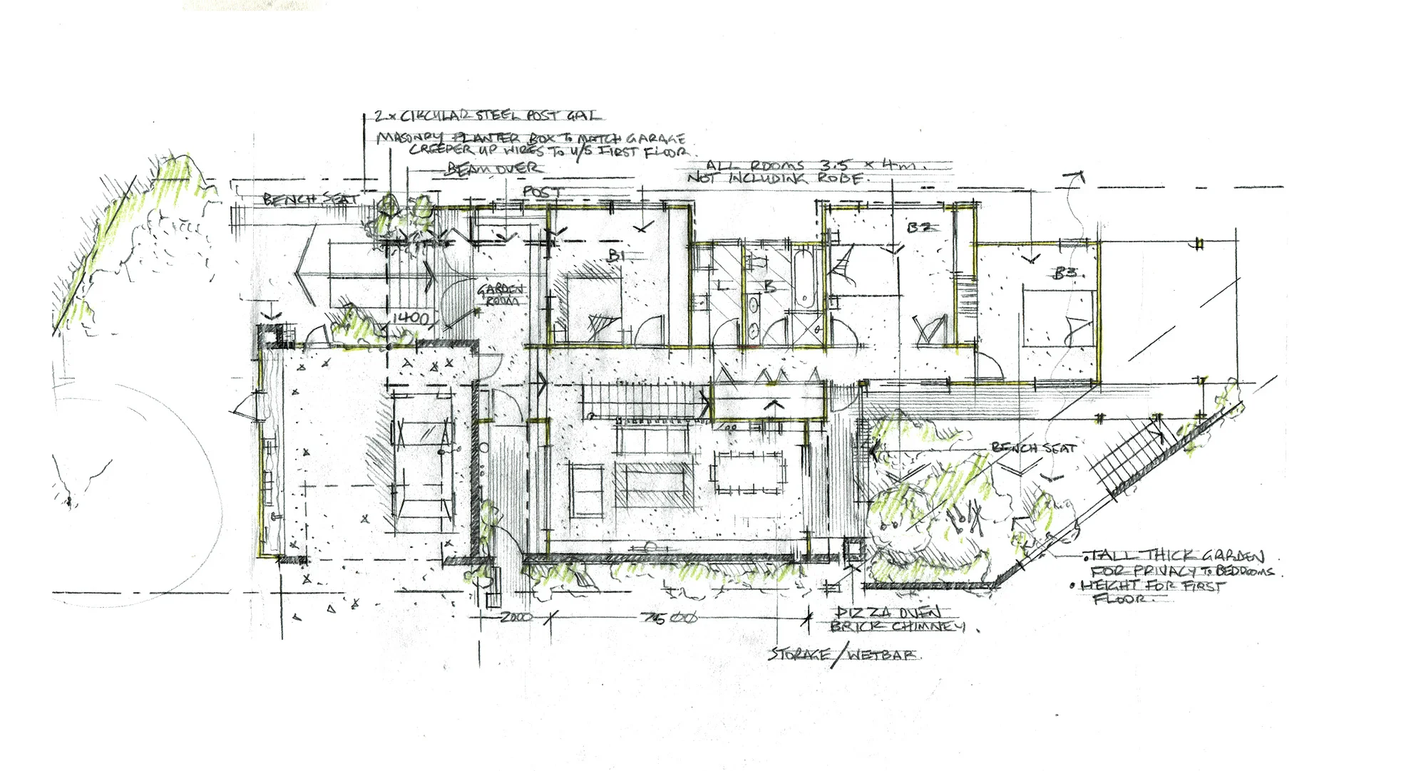 Sketch of a house floor plan with labeled rooms, furniture, outdoor landscaping, and notes on design details.