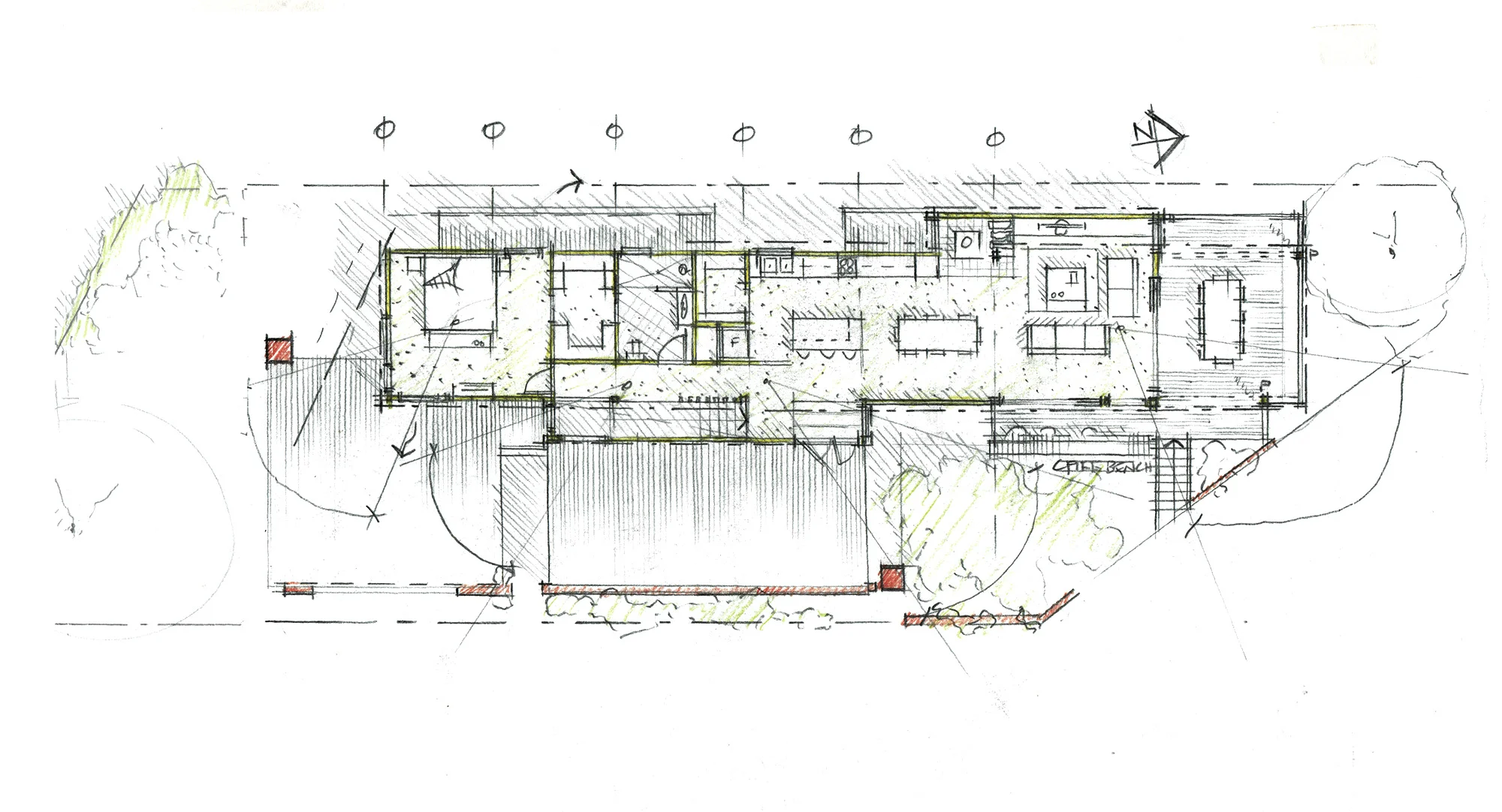 Hand-drawn architectural floor plan of a house, showing various rooms, outdoor areas, and surrounding landscaping, with a north arrow.