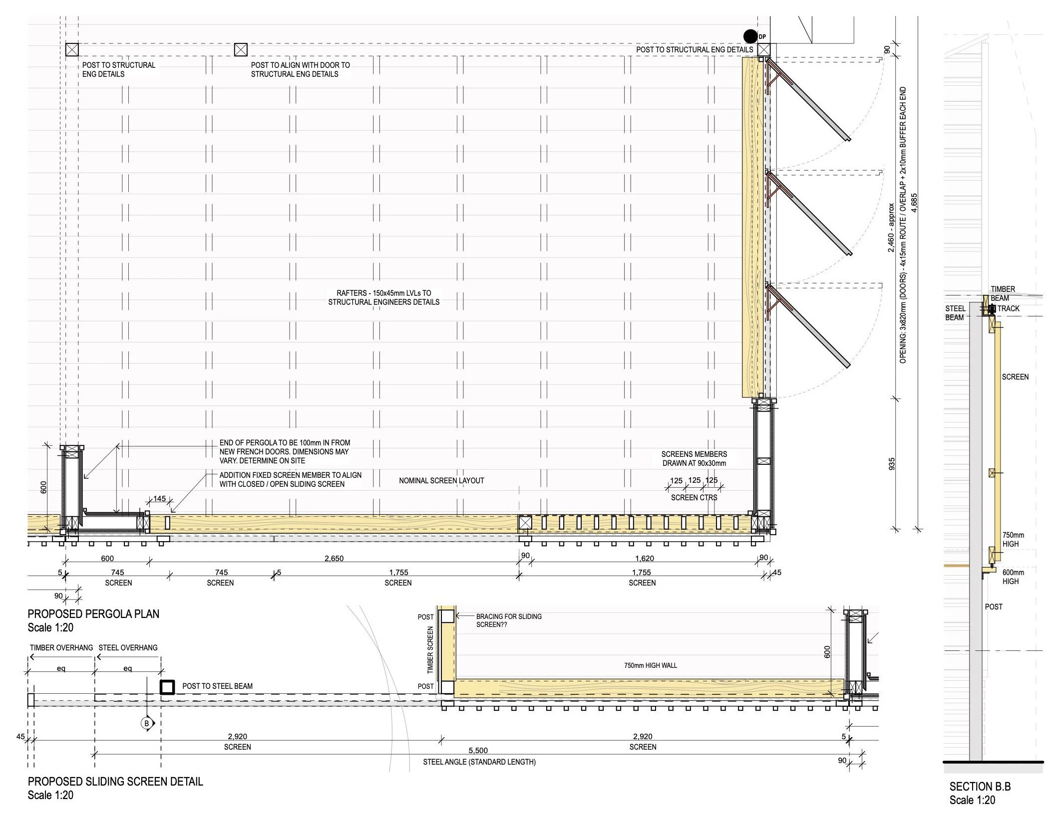 Architectural drawing of a proposed outdoor pergola with a sliding screen, including structural details, dimensions, and annotations for construction.