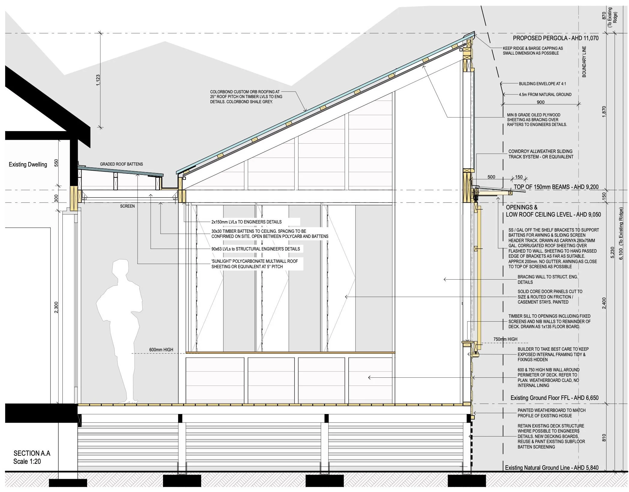 A technical architectural drawing of a building section. It shows various structural elements, roofing details, wall construction, and measurements, with annotations and specifications for construction and design.
