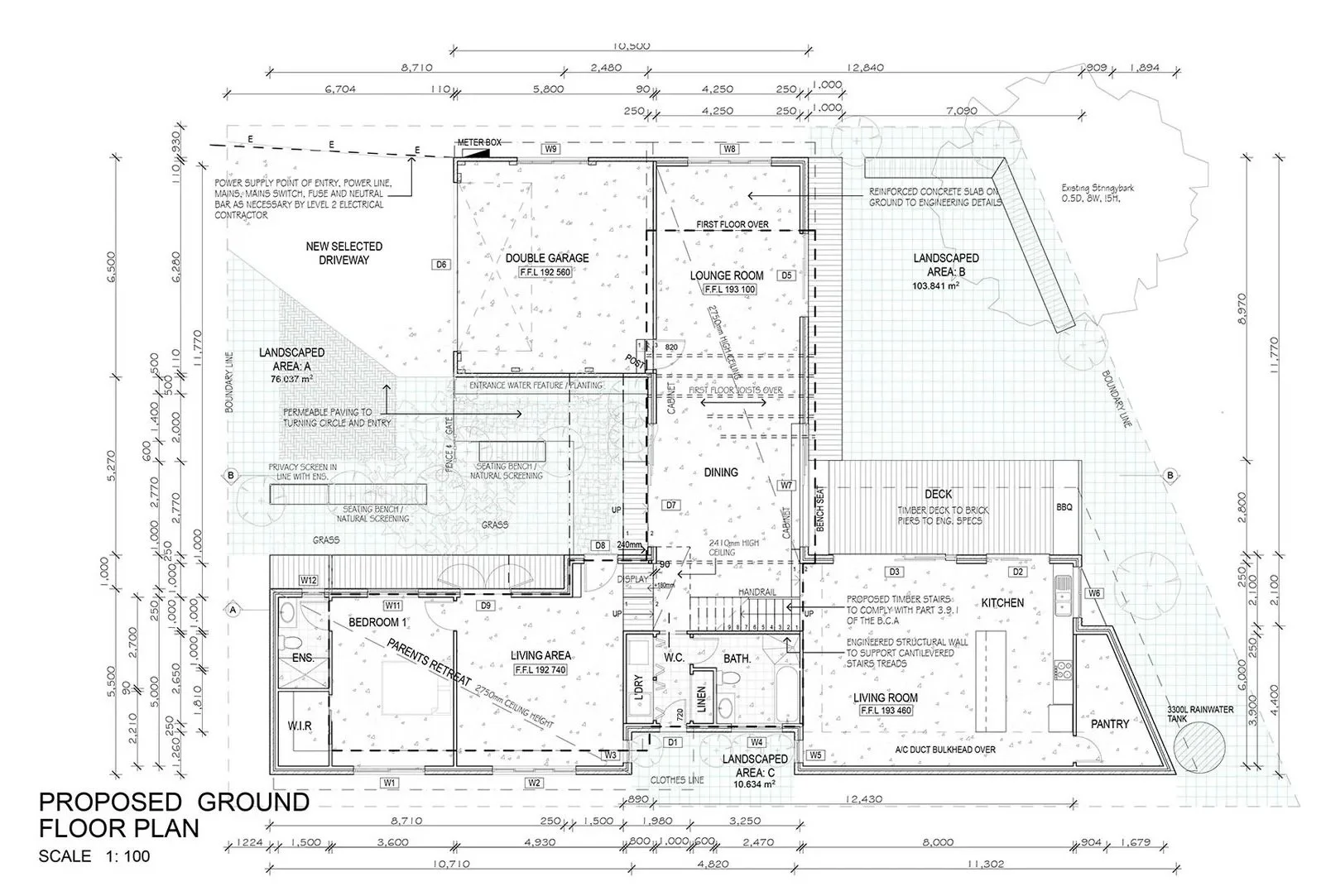 Architectural blueprint of a proposed ground floor plan, including a double garage, living areas, kitchen, dining area, bedroom, bathroom, deck with BBQ area, landscaped yards, and detailed measurements.
