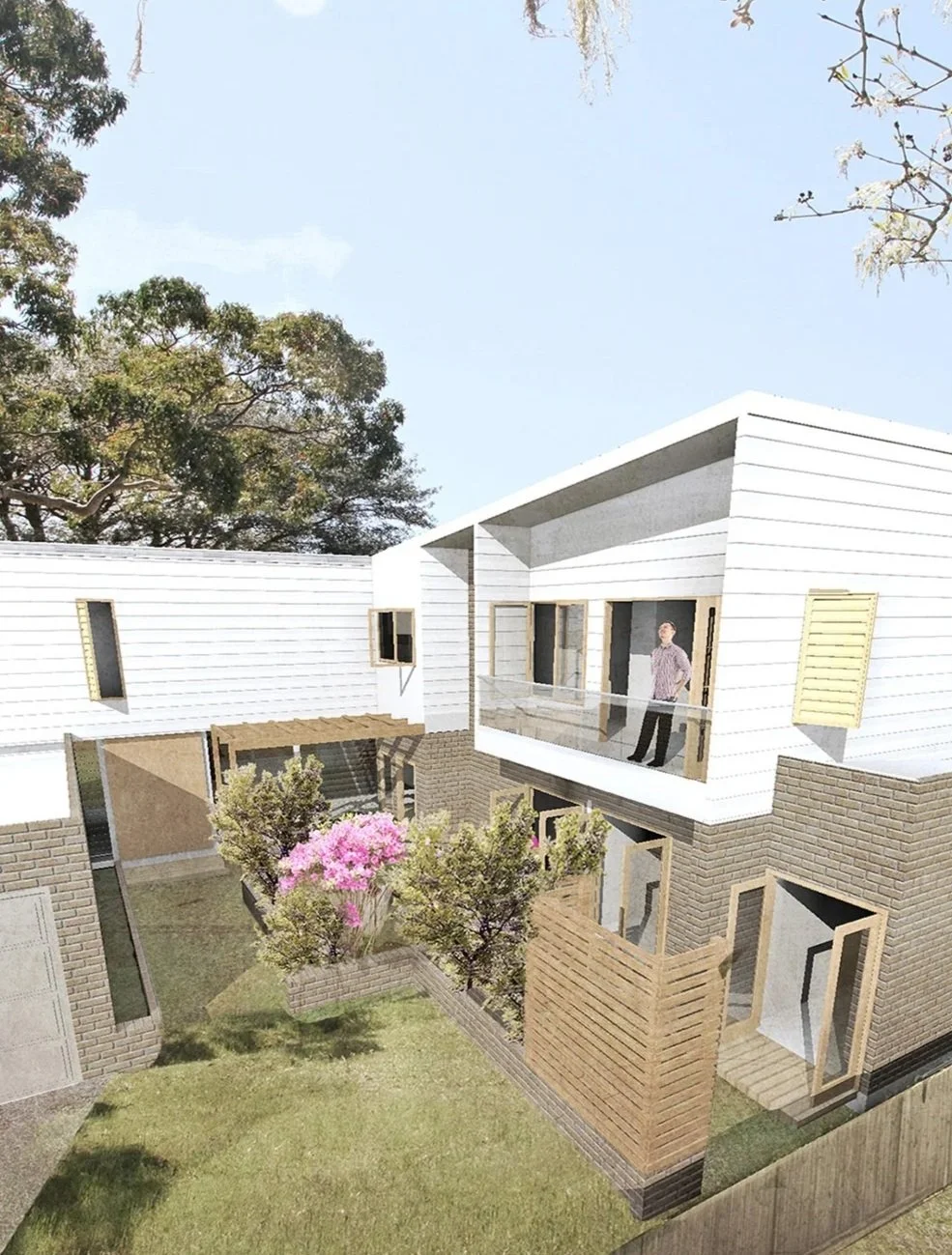 Rendering of a modern two-story house with a backyard garden, trees, and a person standing on the upper balcony.