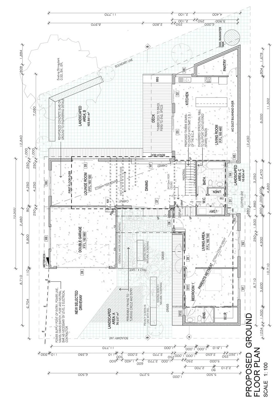 Architectural blueprint of a proposed ground floor plan, including a double garage, living areas, kitchen, dining area, bedroom, bathroom, deck with BBQ area, landscaped yards, and detailed measurements.
