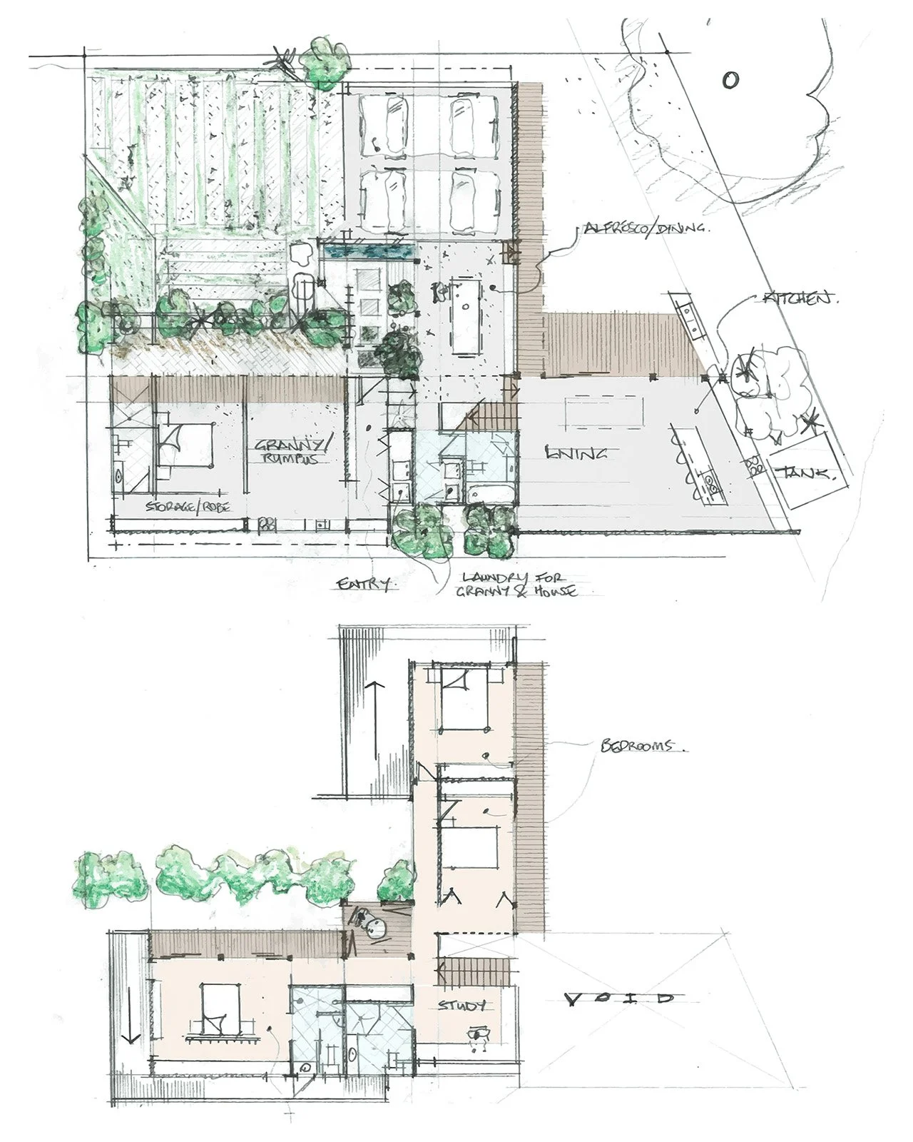 Hand-drawn architectural blueprint of a house, showing the layout of rooms, outdoor spaces, and landscaping, with annotations and labels.