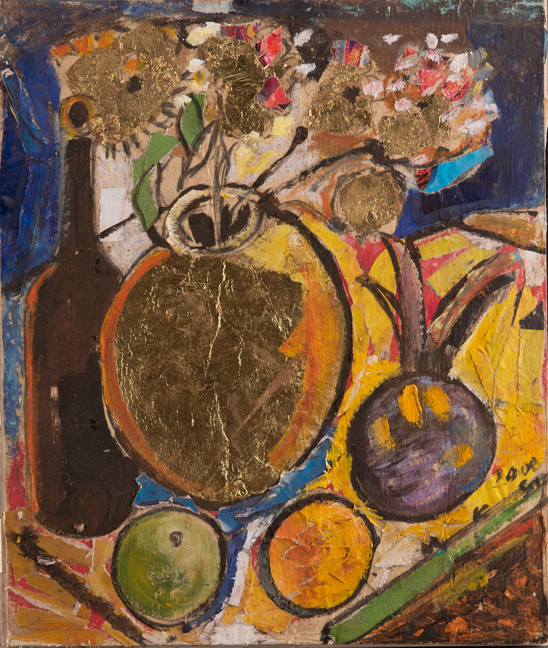 Geoffrey Mukasa (Ugandan, 1954-2009), Still Life , 2000, collage, paint and gold leaf on paper, 30cm x 25cm