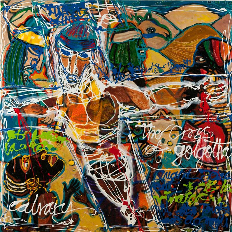 Eria ‘Sane’ Nsubuga (b.1979), Christ at Golgotha , 2013, acrylic on canvas, 100cm x 100cm