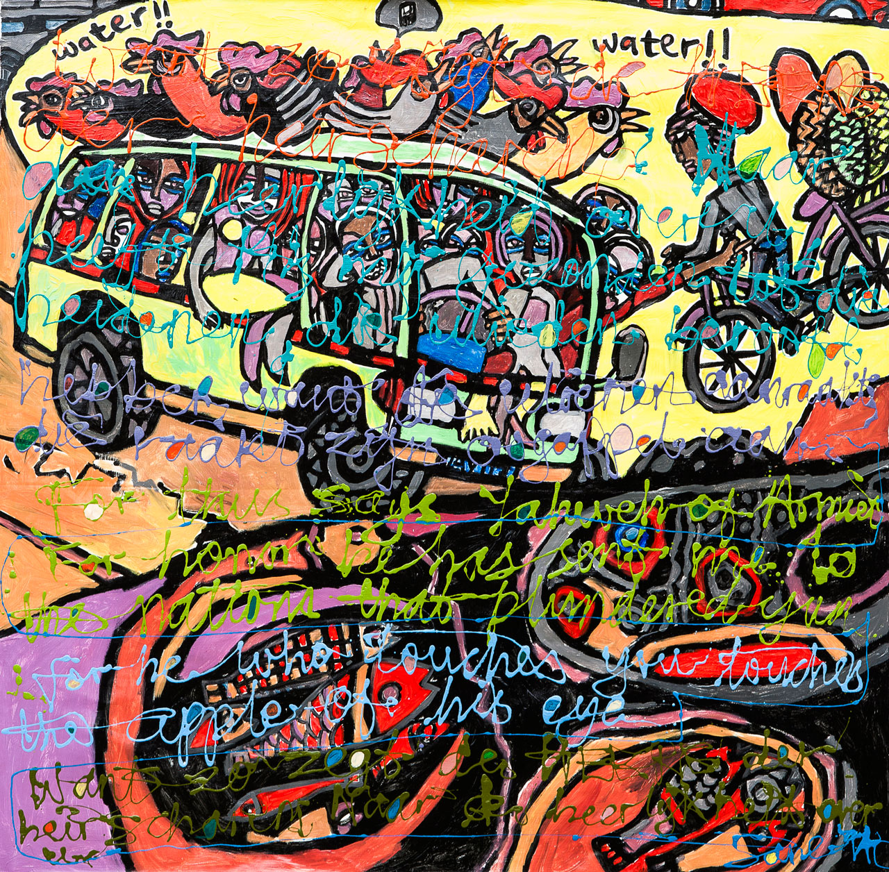 Eria 'Sane' Nsubuga (b.1979), Joy Ride to the City (Zechariah 2:8), 2014, mixed media on canvas, 122 x 123cm