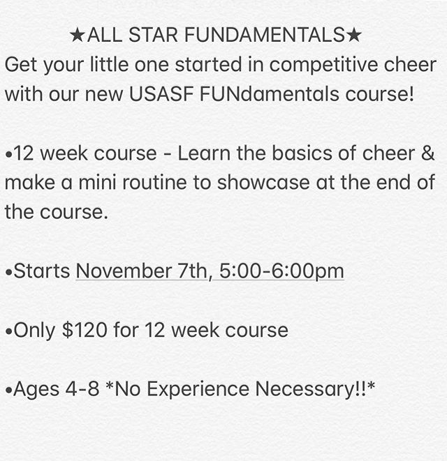 FUNdamentals starts THIS WEEK!! Come learn all about competitive cheer in our 12 week USASF FUNdamentals class! 
Ages 4-8, no experience necessary! 
Email Celebritycheerunlimited@gmail.com  OR DM us to register 💜💜