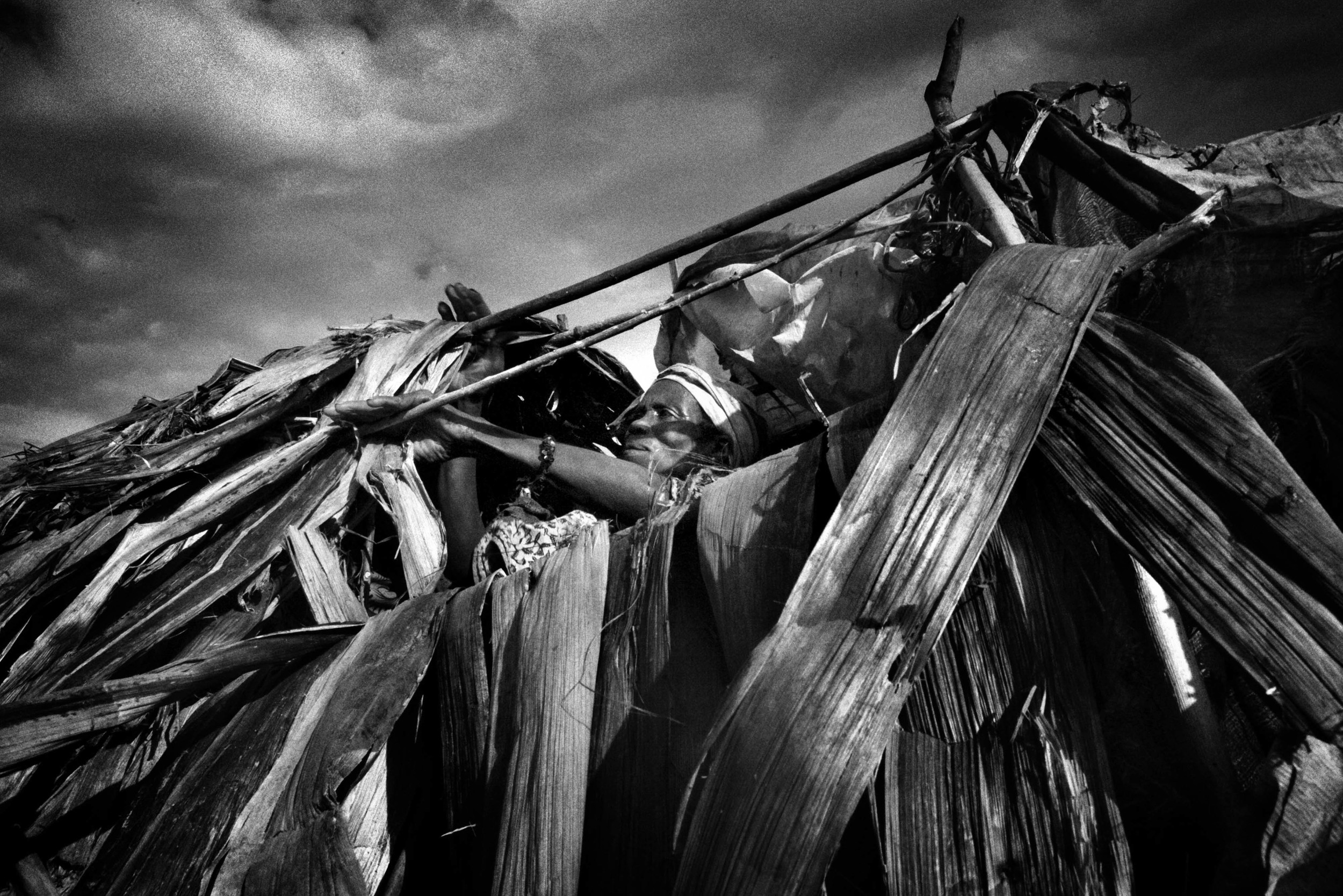Displaced people who fled from the villages of Ishasha to Kiwanja build makeshift homes in front of the UN compound as CNDP rebels attack the town. 2008