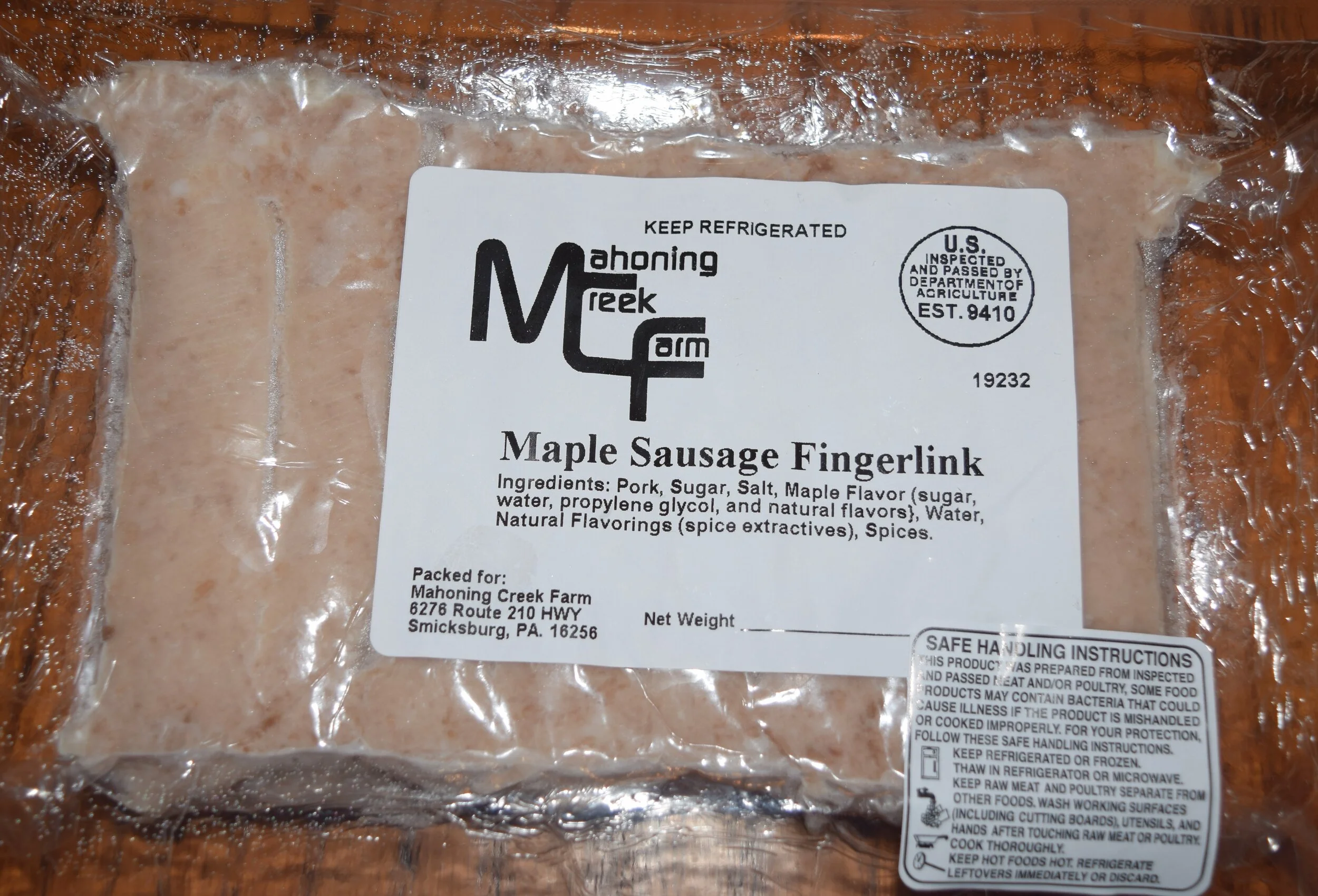 Pre-packaged Pork Sausage, Maple Fingerlinks from Mahoning Creek Farm in Smicksburg, PA.