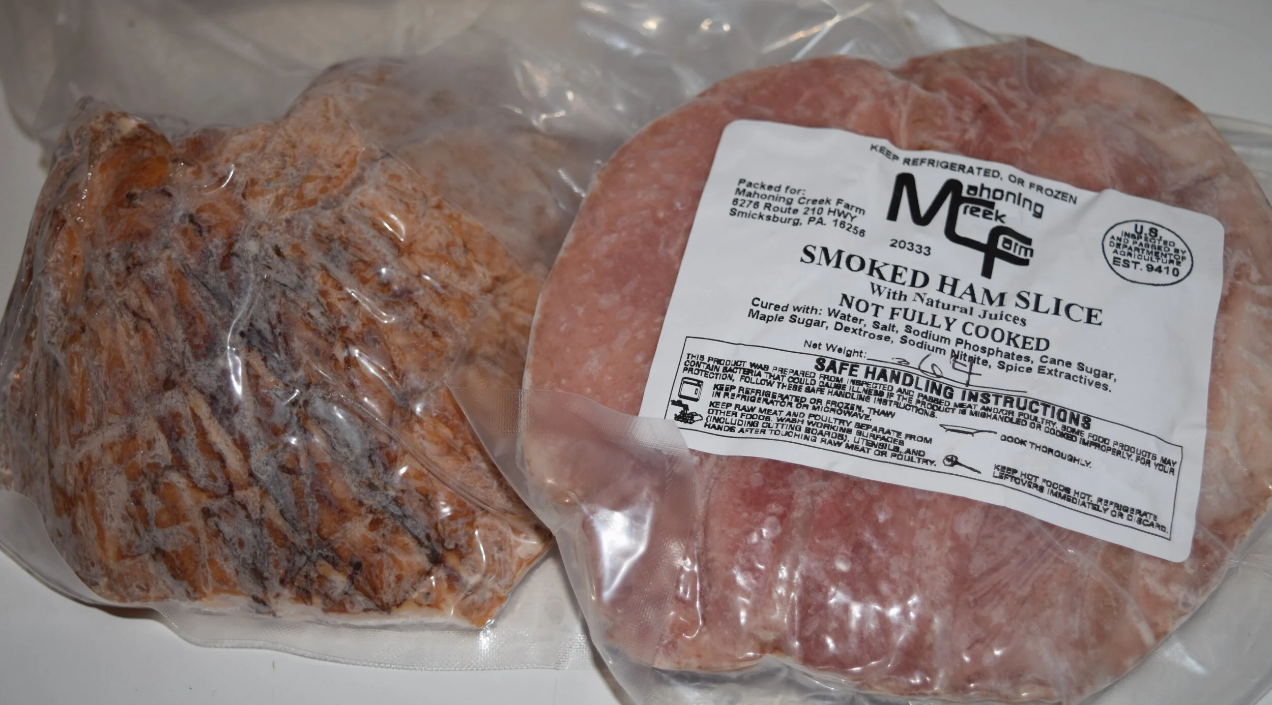 Pre-packaged Pork Ham, Smoked Ends from Mahoning Creek Farm in Smicksburg, PA.