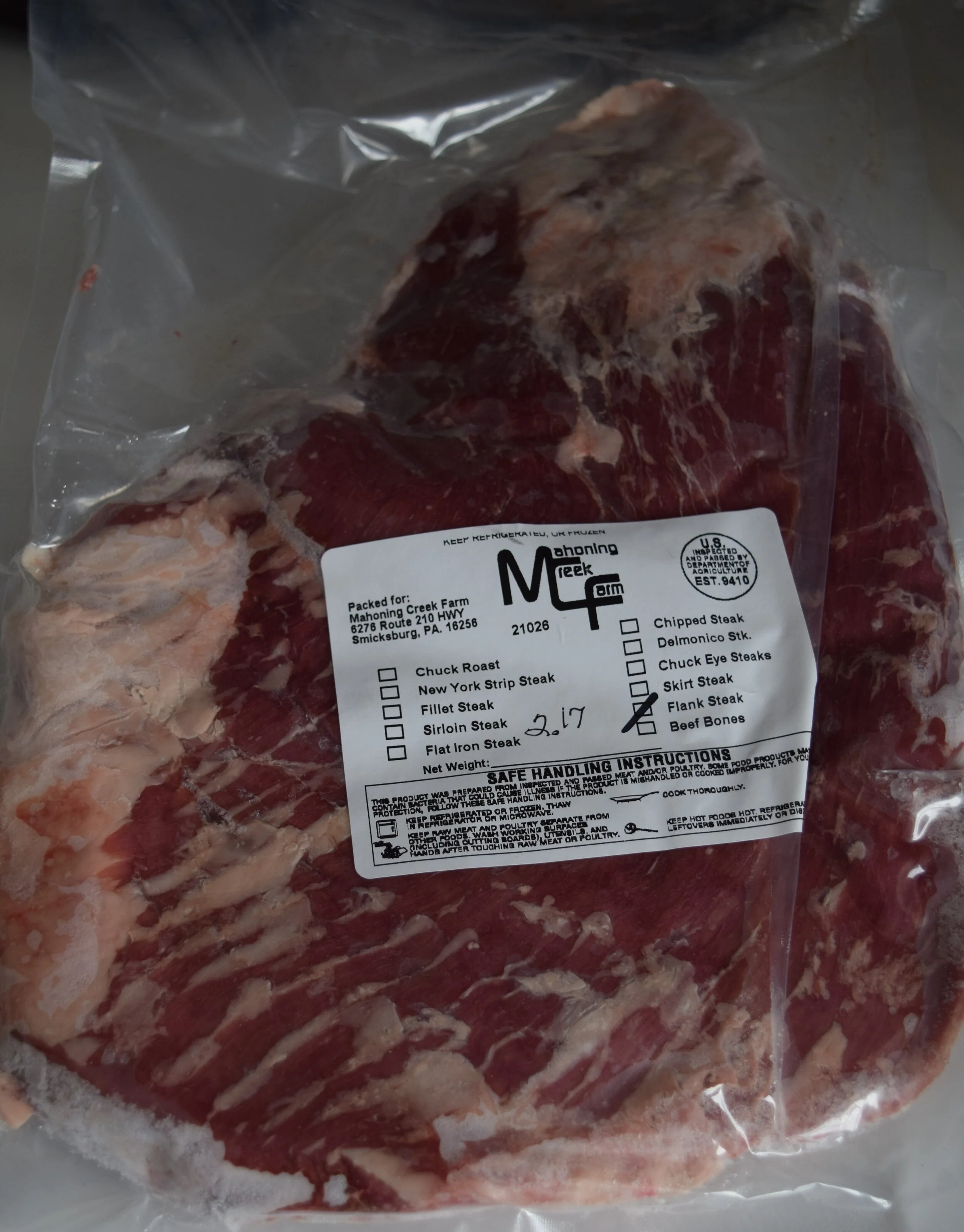 Pre-packaged Angus Steak, Flank from Mahoning Creek Farm in Smicksburg, PA.