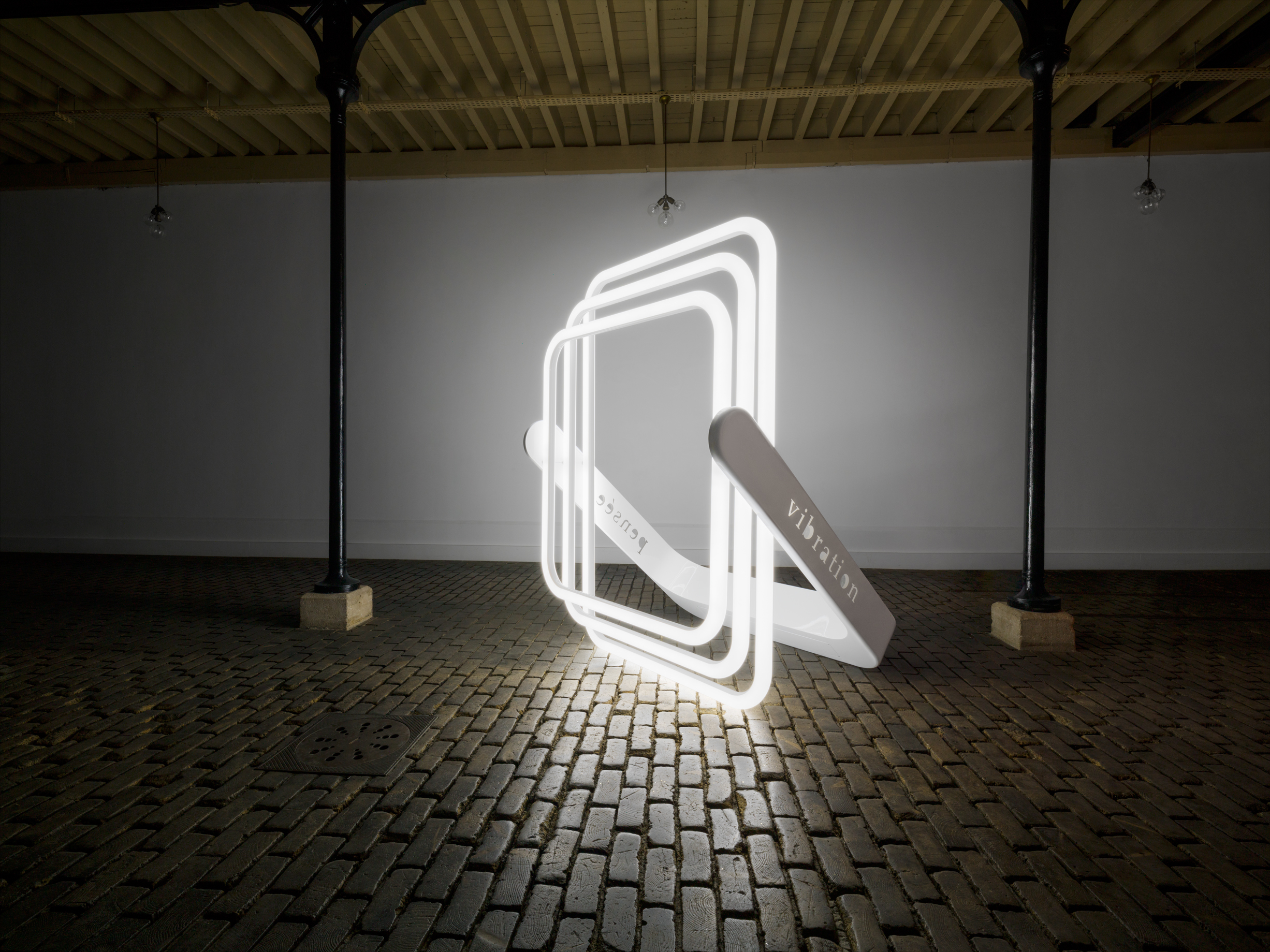 When Marie Orensanz and Philippe Nacson met for the first time, the connection between their respective works was obvious. The mind and the material are one. In this philosophical approach, the 3CL lamp designed by Philippe Nacson represents the link between the vibration, the light and the thought. Words « vibration » and « thought » are incrusted on both sides of the piece which is 2 meters high (unfolded). The typo is the one used by Marie Orensanz for her work and the LED rectangular symbolise the transformation of the vibrations of the light into a thought. The idea of this piece is to create a singular relationship with the individuals who are letting themselves being astonished. More than an invitation, it is about being transported in a space and time, which challenges the society. It leads one another to think and to tend towards a form of freedom. The 3CL lamp is a combination of new technology and innovative design using LED and PMMA. Dimensions: Unfolded H 206,7 cm x W 137,2 cm x D 144,7 cm Folded H 236,4 cm x W 24 cm x D 144,7 cm Limited edition - 12 copies.