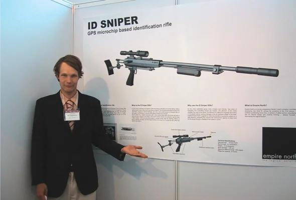 "ID Sniper" (performance still), photographic print, 30 x 50 inches, Jakob S. Boeskov, 2002