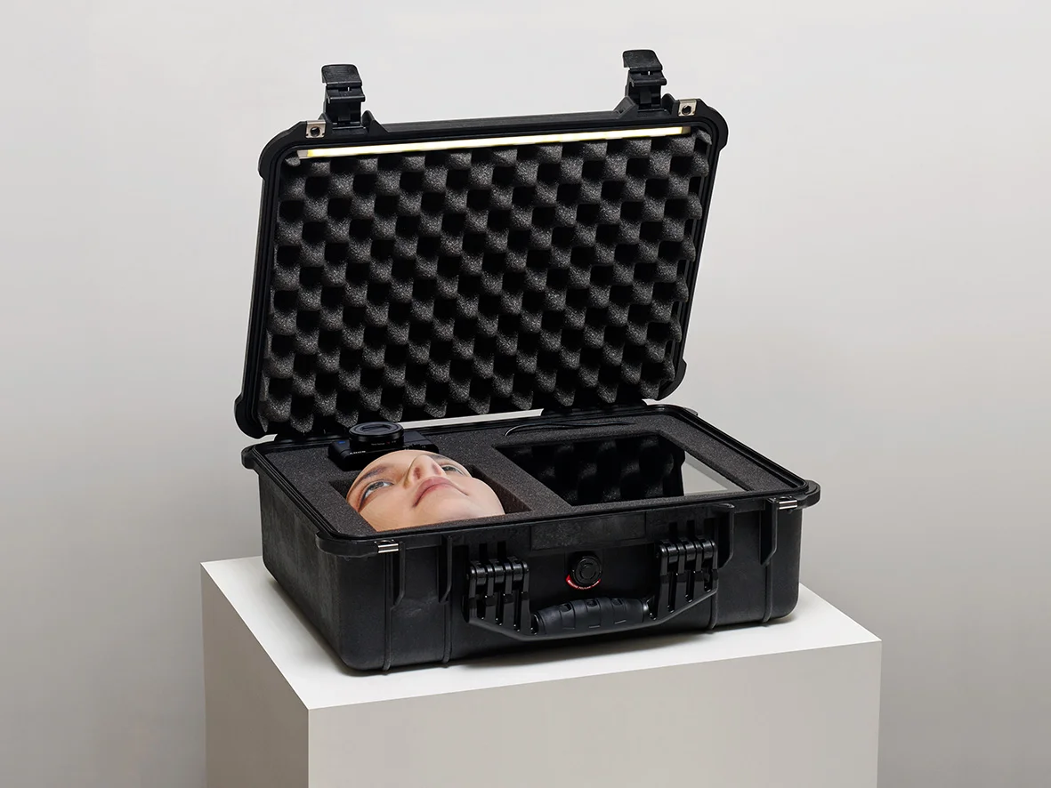 "Face Jagger", 33x34x23 inches, 3D printed facemasks, flightcase, LED lightstrip, Jakob S. Boeskov, 2015