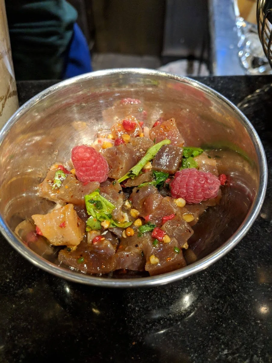 Sorry, was tipsy when I shot this. Tuna tartare with raspberry, buckwheat and coriander at L'avant Comptoir De La Mer