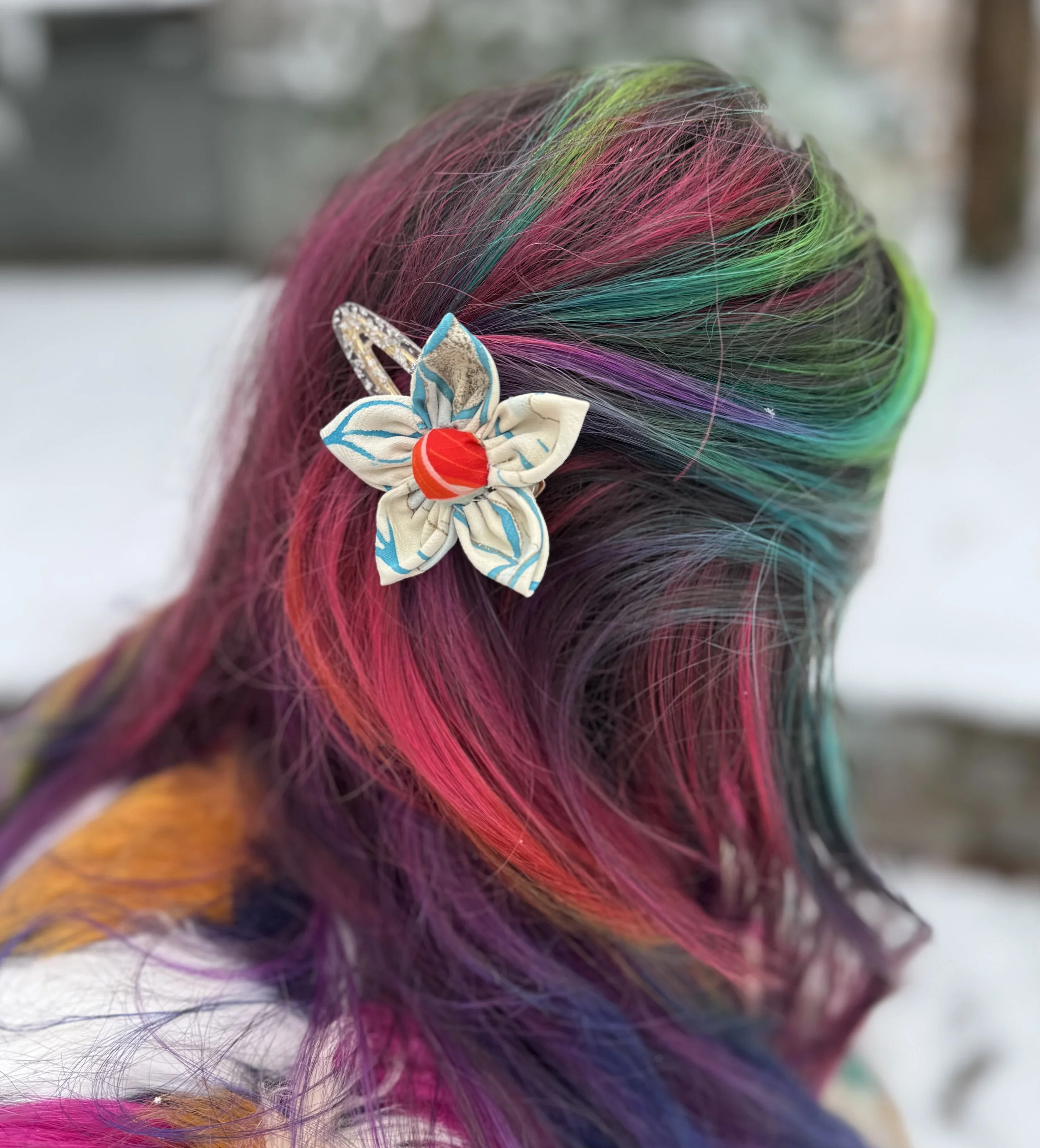 Blue/Cream/Red Kanzashi Flower Hair Clip