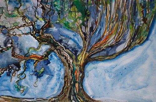 This work entitled “Inclusive tree” is my visual interpretation of Romans 11 . Painting this I was inspired by how different everyone is and how God sees us all equally. We’re all his children regardless of of our limbs and roots. Serendipitously, even though Chris had not seen the painting, his writing captures the image perfectly.