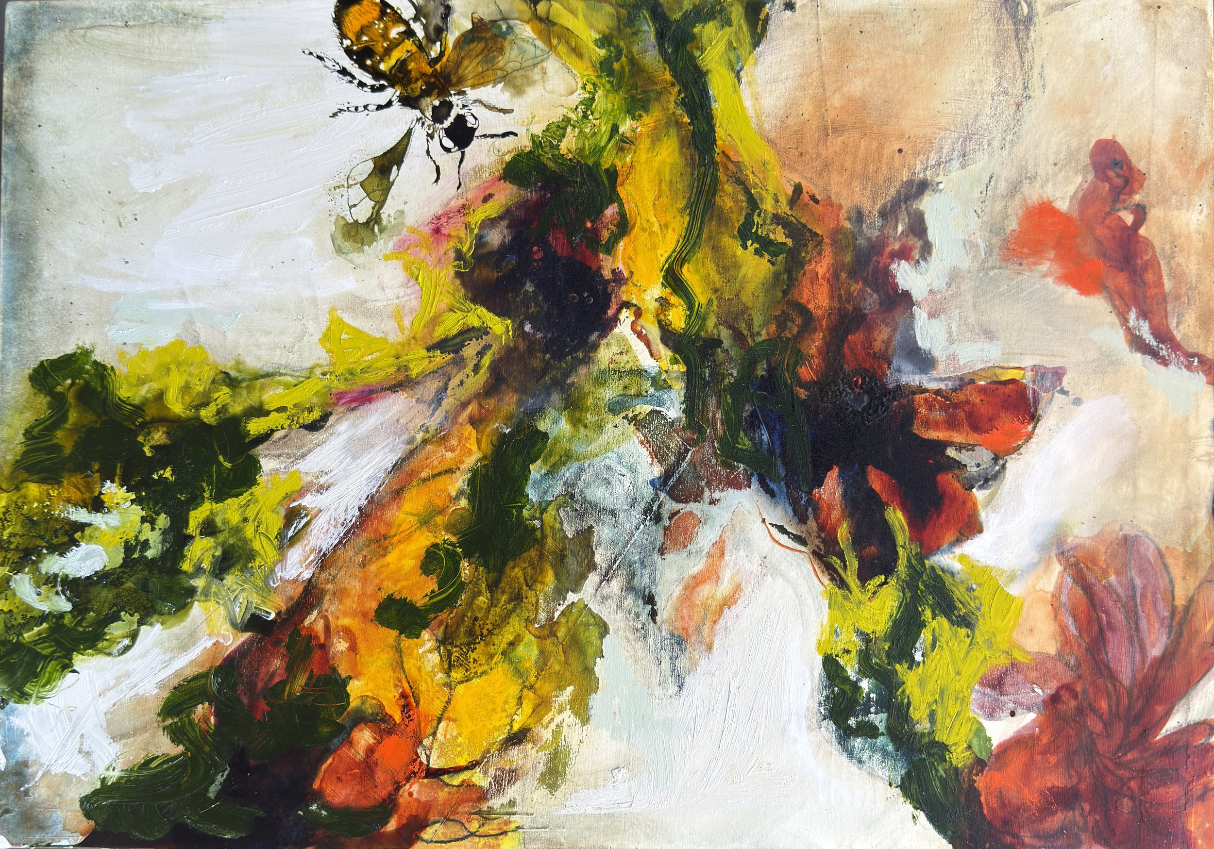Bee happy, 2026 Mixed media on wood panel 12.25 X 17.5 " Available 