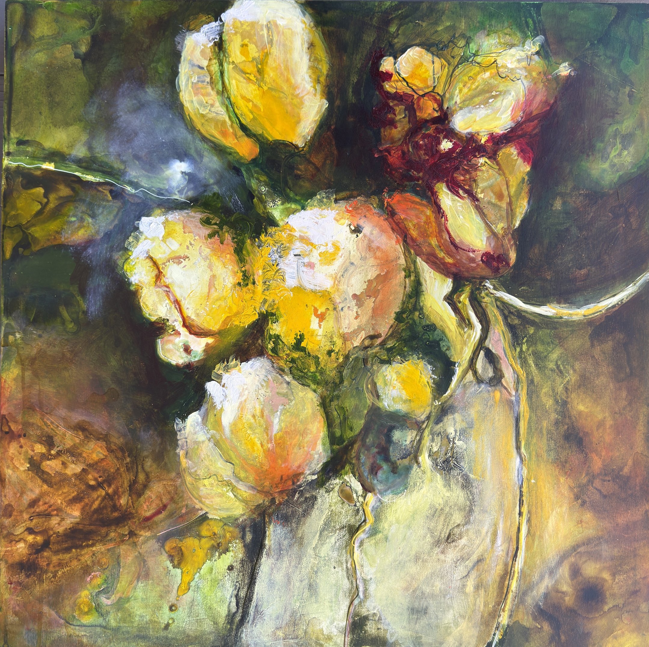 Flowers grow out of dark moments, 2026 Available Mixed media on wood panel 24 X 24 X2 
