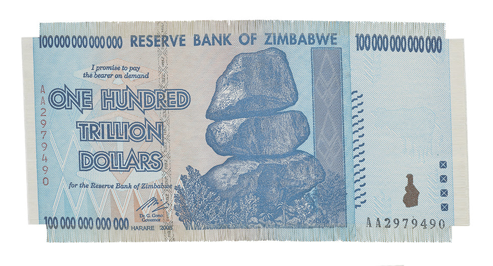   Z$100 Trillion  (2017) Large woven prints of Z$100 trillion 