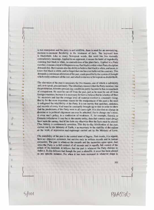   Samizdat  (2011) Page from The Theory and Practice of Oligarchical Collectivism, in theory. Woven inkjet archival prints on acid-free paper 28 x 19 cm&nbsp; 