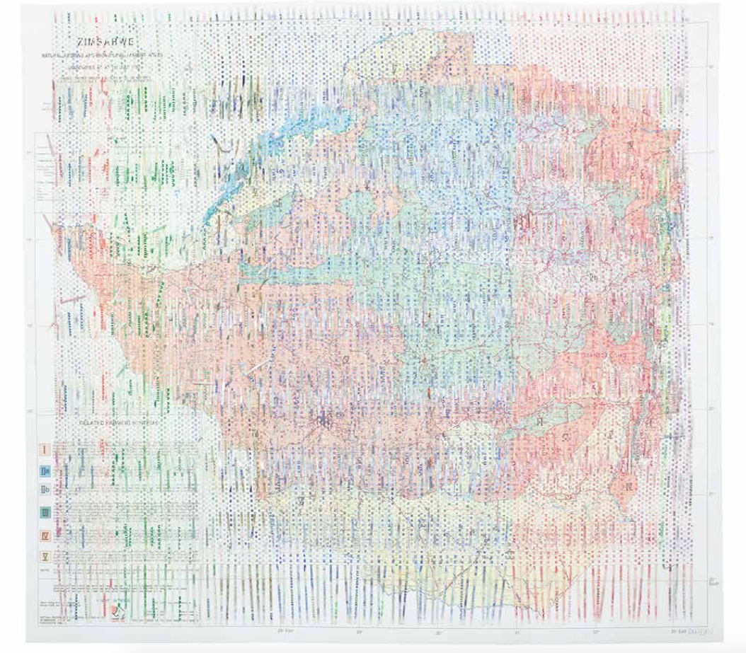   Z$5,508,918  (2017) Map of Zimbabwean farming regions woven with a progression of shredded Zimbabwean bank notes that amount to Z$5,508,918  82 x 89 cm&nbsp; 