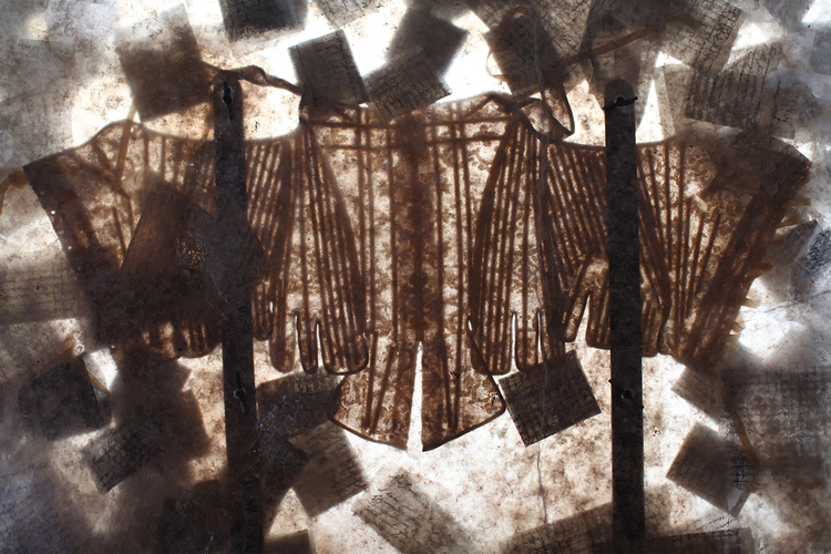 Cane boned illusion brocade corset with letters between sheets of isinglass. Armature by Lucia Del Sanchez