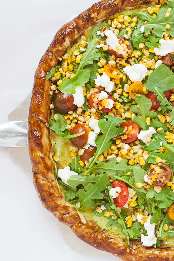 Grilled Corn, &amp; Goat Cheese Pizza with Balsamic-Honey Crust