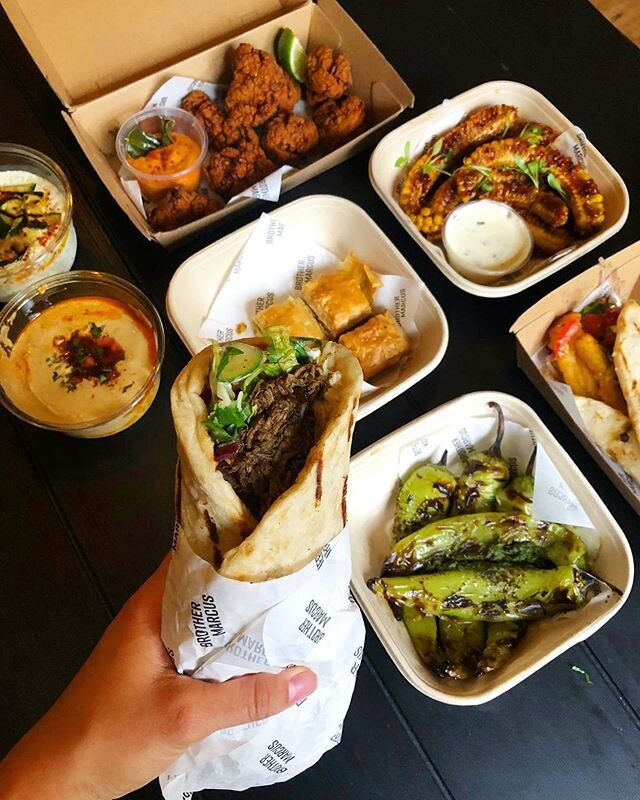 Beyond excited that @brothermarcus_ is now open for takeaway 🙏🤩 we went all out with the pulled lamb flatbread, kefir fried chicken, sticky corn ribs, Turkish peppers, halloumi flatbread, hummus &amp; tzatziki 🤤 PS get &pound;5 off with FOODBABES5