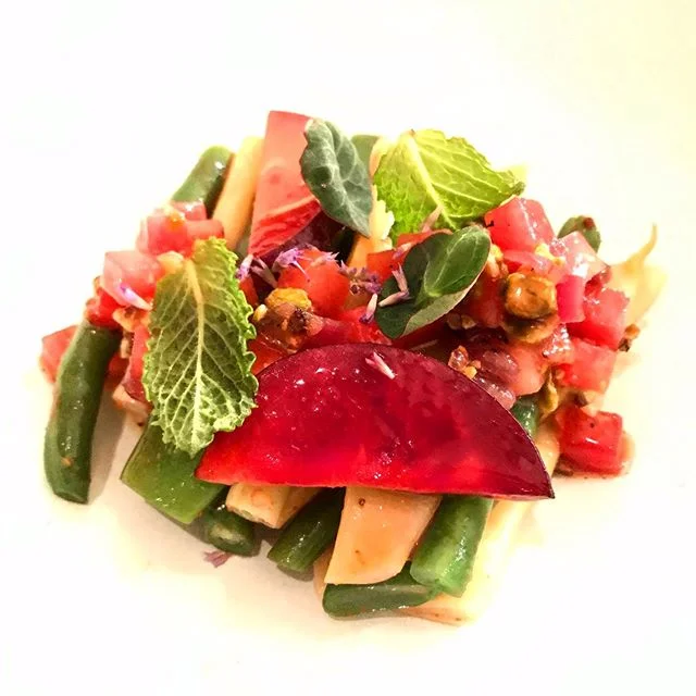 Round two at Crown Shy ✨ &bull; (summer beans with pistachio &amp; plum; A very sincere thank you to the @crownshynyc team for going above &amp; beyond for us...you have cultivated a truly special team &amp; restaurant, &amp; I can&rsquo;t wait for m