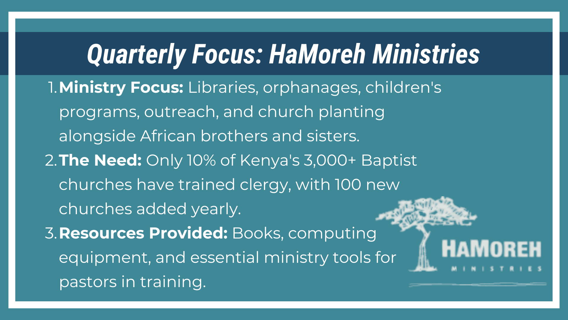 HaMoreh Second Quarter Giving Initiative