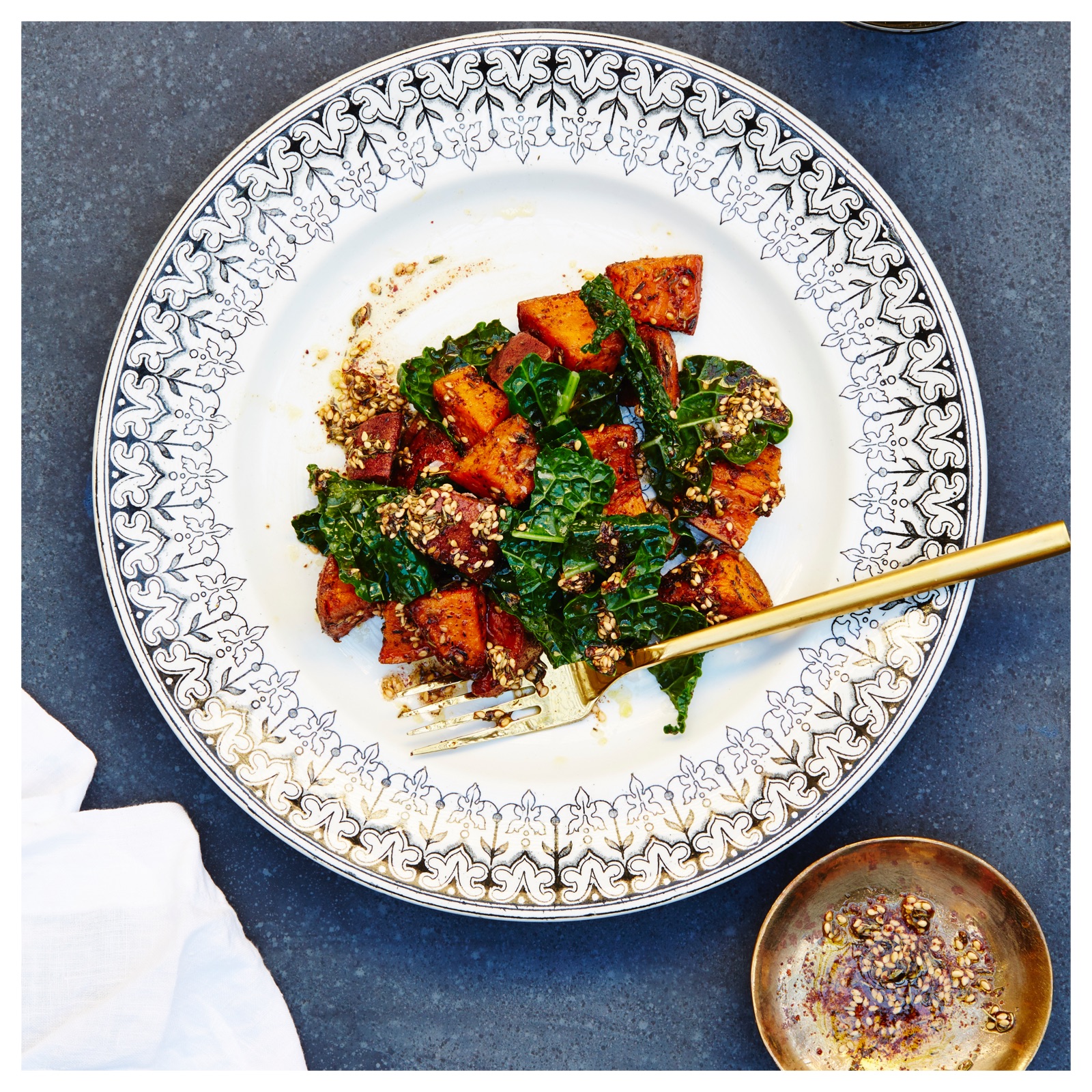 Za’atar Sweet Potatoes + Kale (via the One Part Plant cookbook )