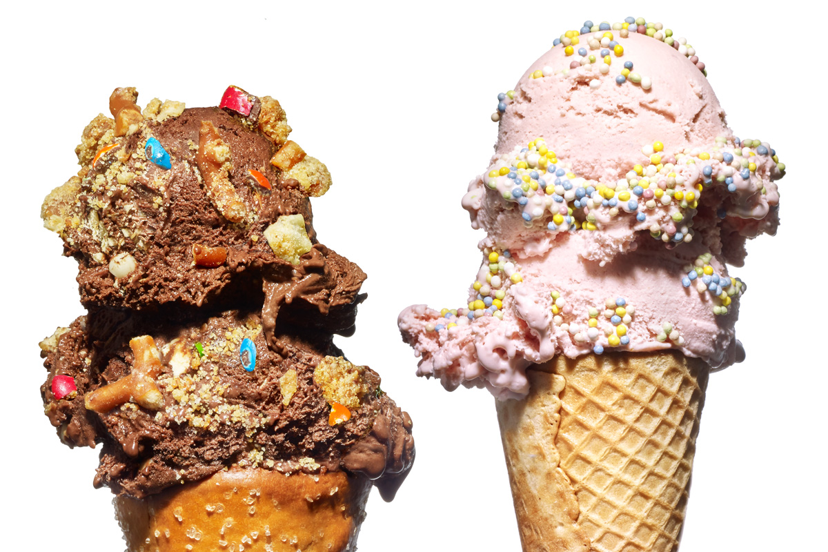 Ample Hills’ It Came From Gowanus with munchies topping (left) and Van Leeuwen’s strawberry with sprinkles (image by LISA SHIN via villagevoice)
