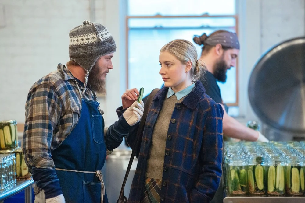 Travis Fimmel and Greta Gerwig and the pickles. (photo by Jon Pack)